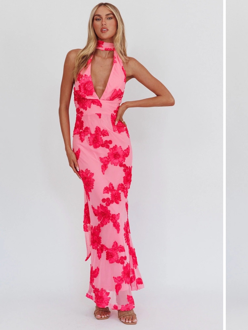 Pink Halter Floral Maxi Dress